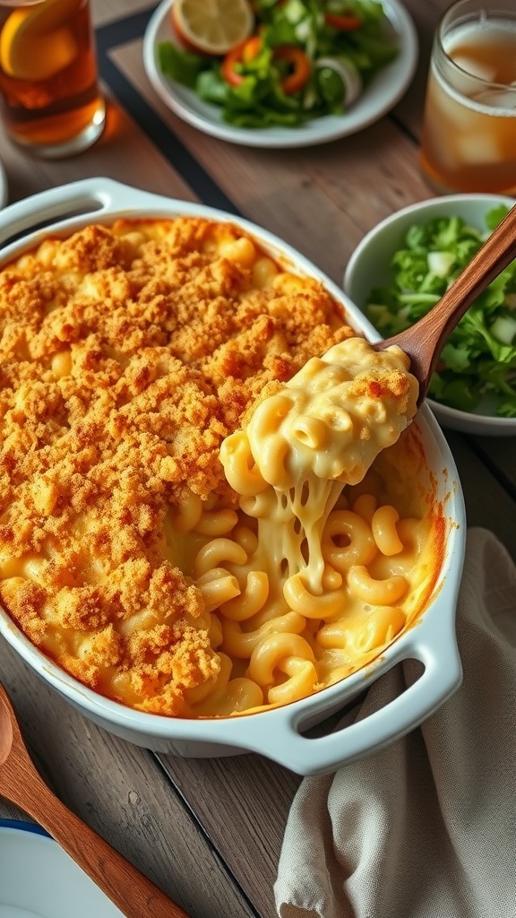 A delicious baked macaroni and cheese casserole with a golden breadcrumb topping, served with a side salad.